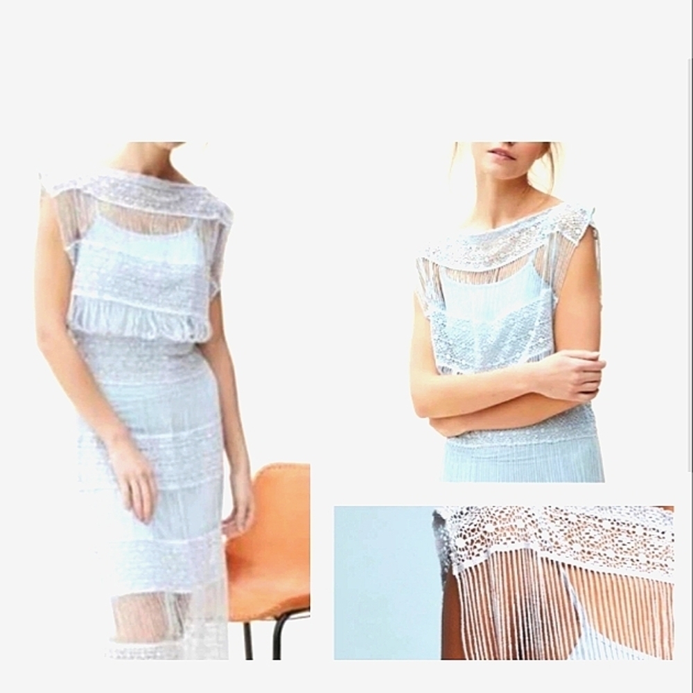 NWOT Callahan Anthropologie Pastel Blue Crochet Fringe Maxi Dress - Picture 4 of 6